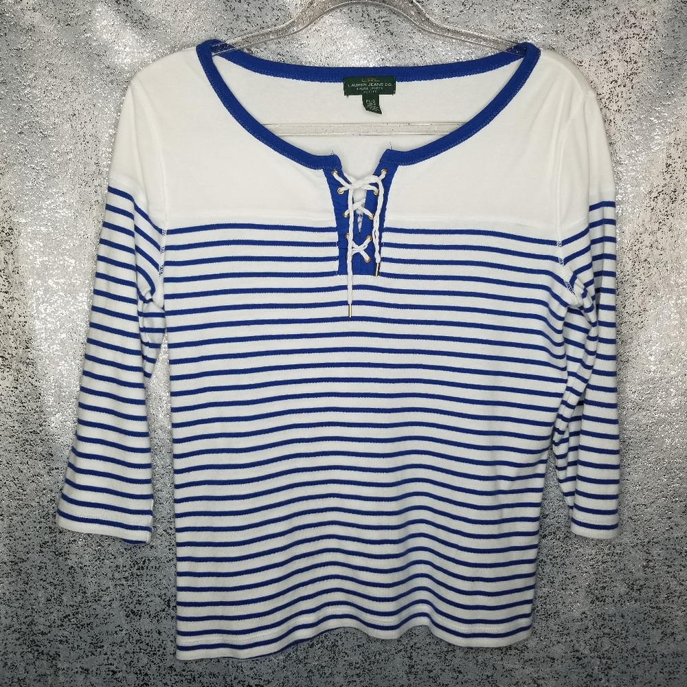 ❤ Ralph Lauren Petite L Blue & White Stripped Top